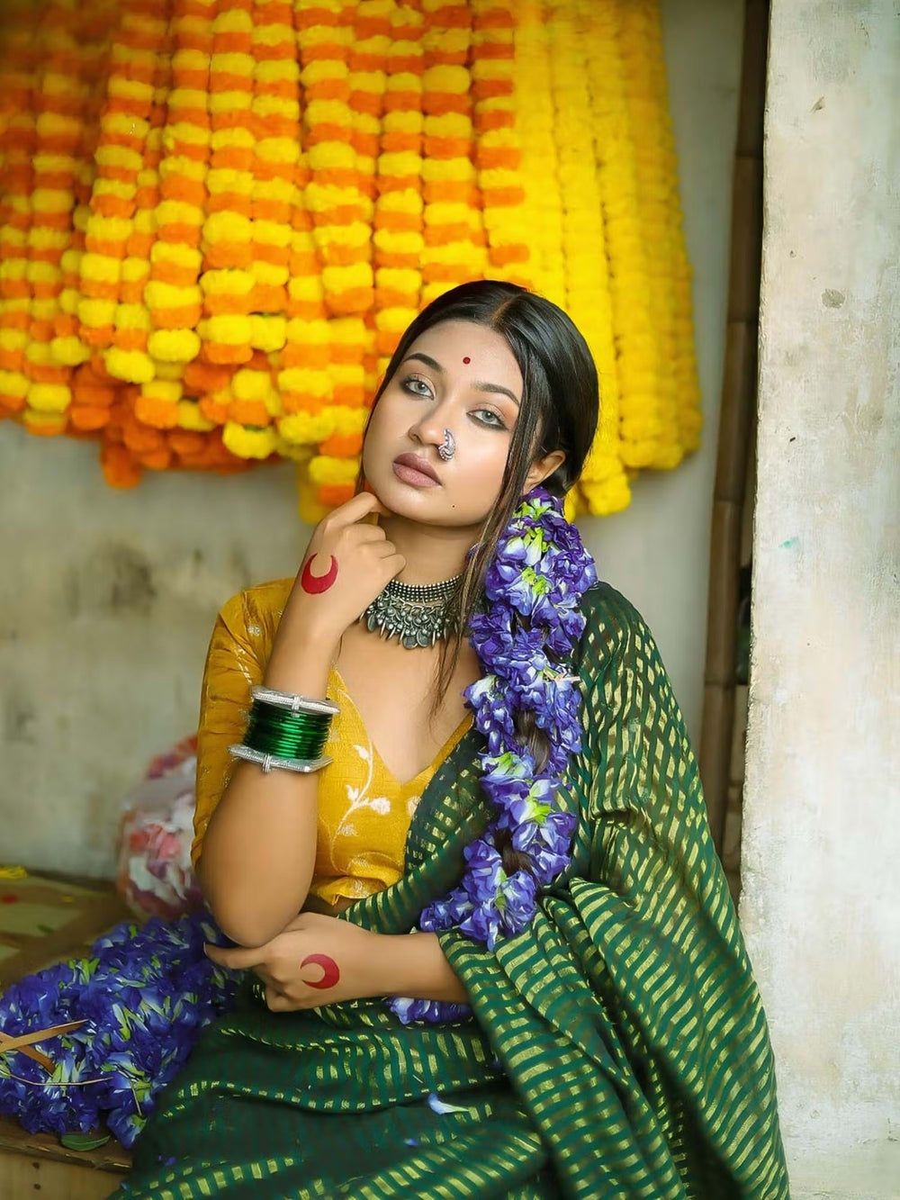Festive Green Cotton Tassel Saree
