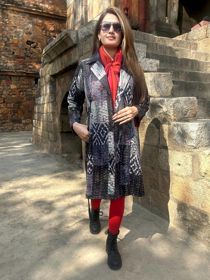 Patola Silk Kantha Patchwork Trench Coat