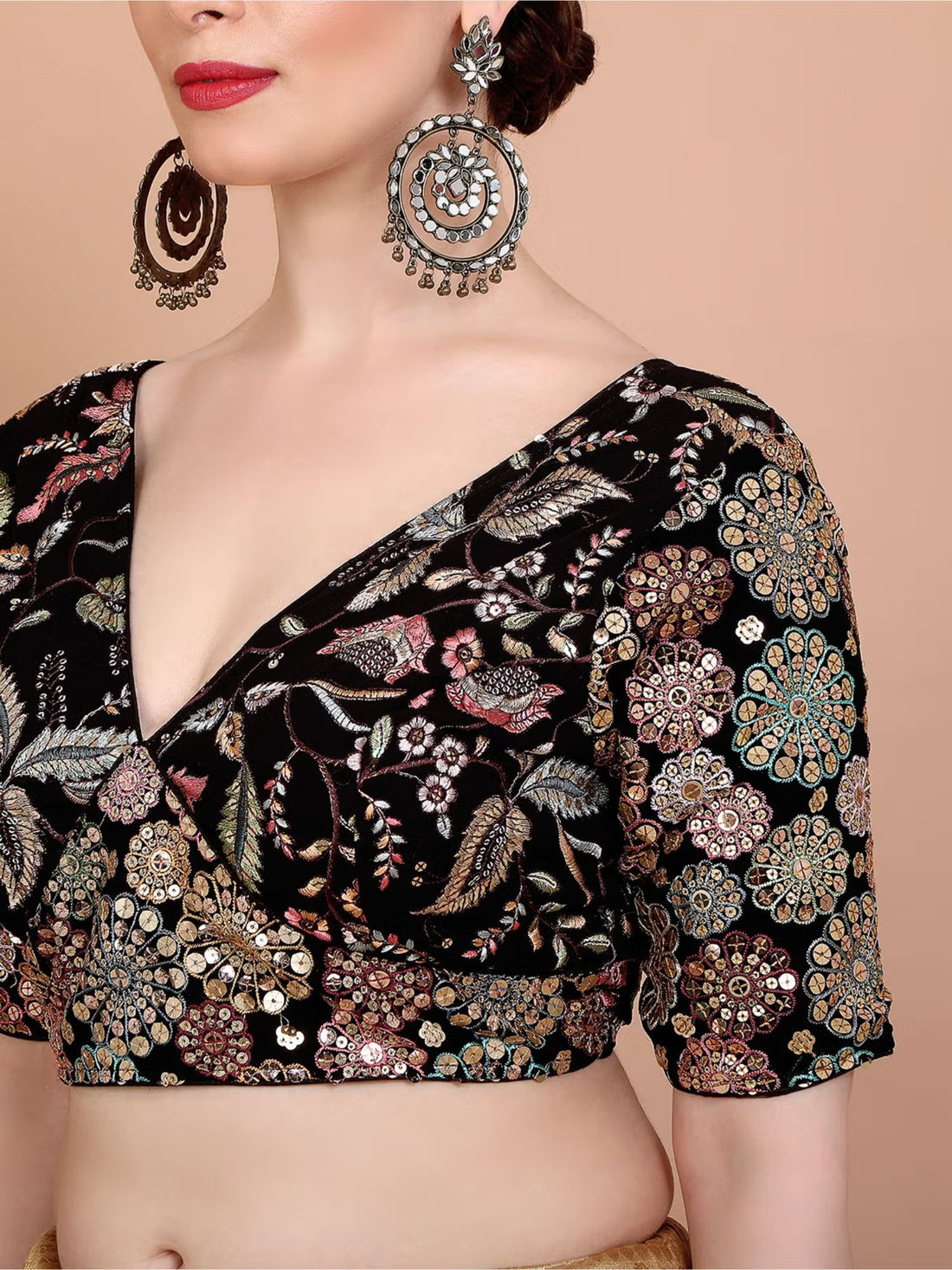 Black Embellished Georgette Plunge Blouse