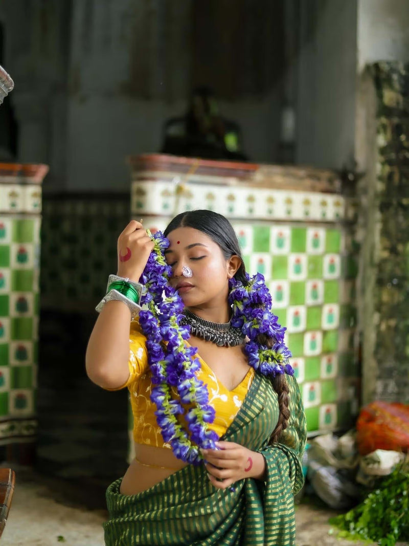 Festive Green Cotton Tassel Saree