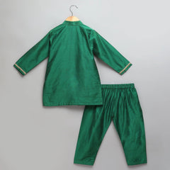 Green Cotton Silk Kurta Pyjama Brocade Jacket