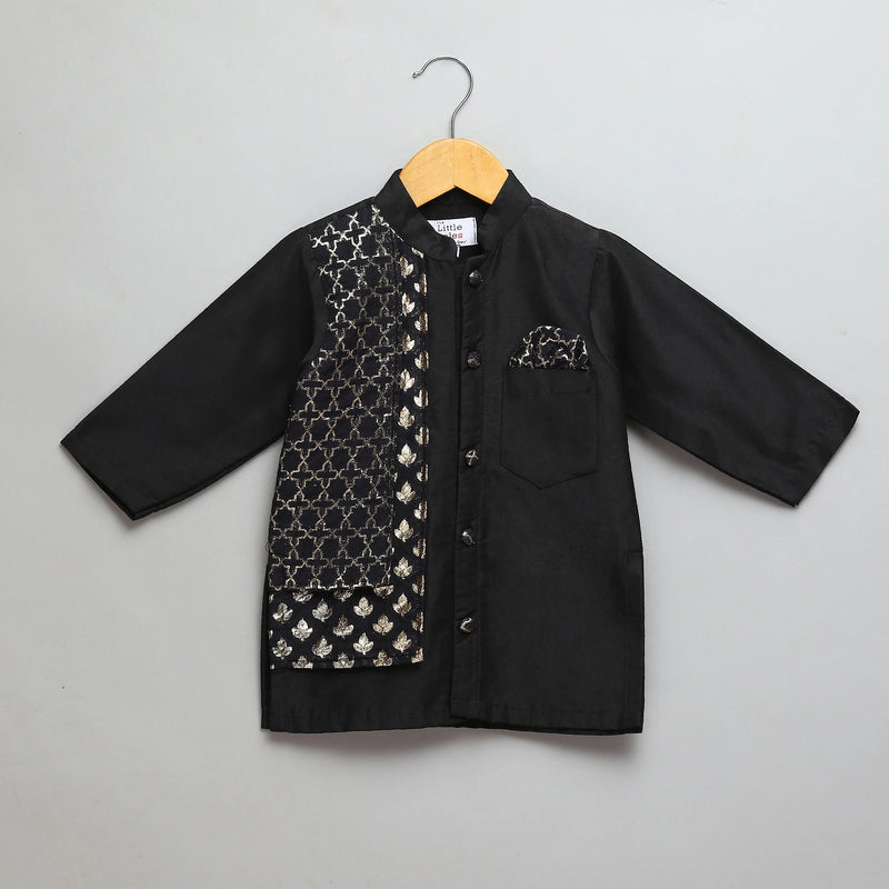 Black Cotton Silk Kurta Pyjama Jacket Set