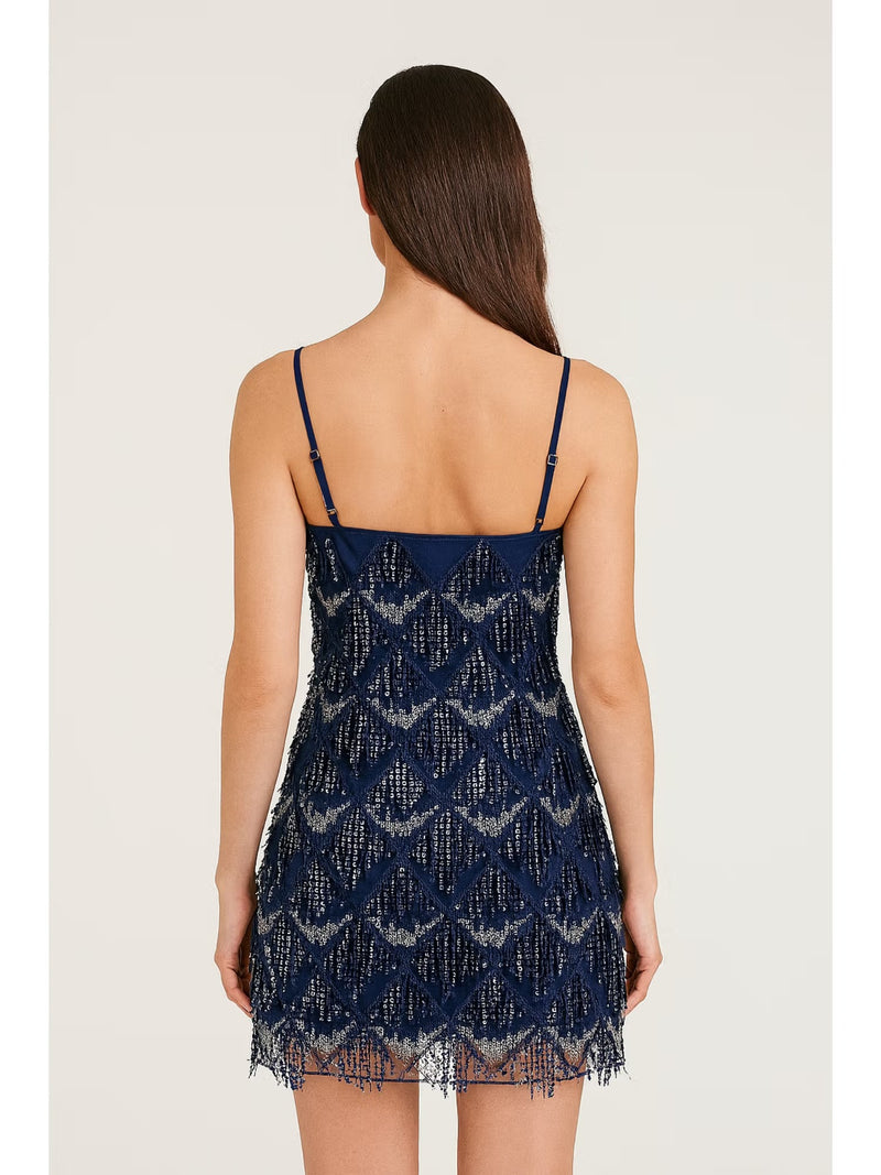 Black Sequin Geometric Tassel Mini Dress