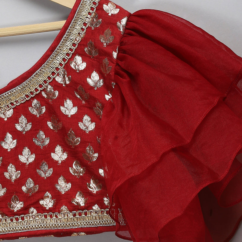 Maroon Organza Chanderi Off Shoulder Lehenga