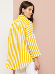 Striped Crepe Drop-Shoulder Collar Top/Shirt