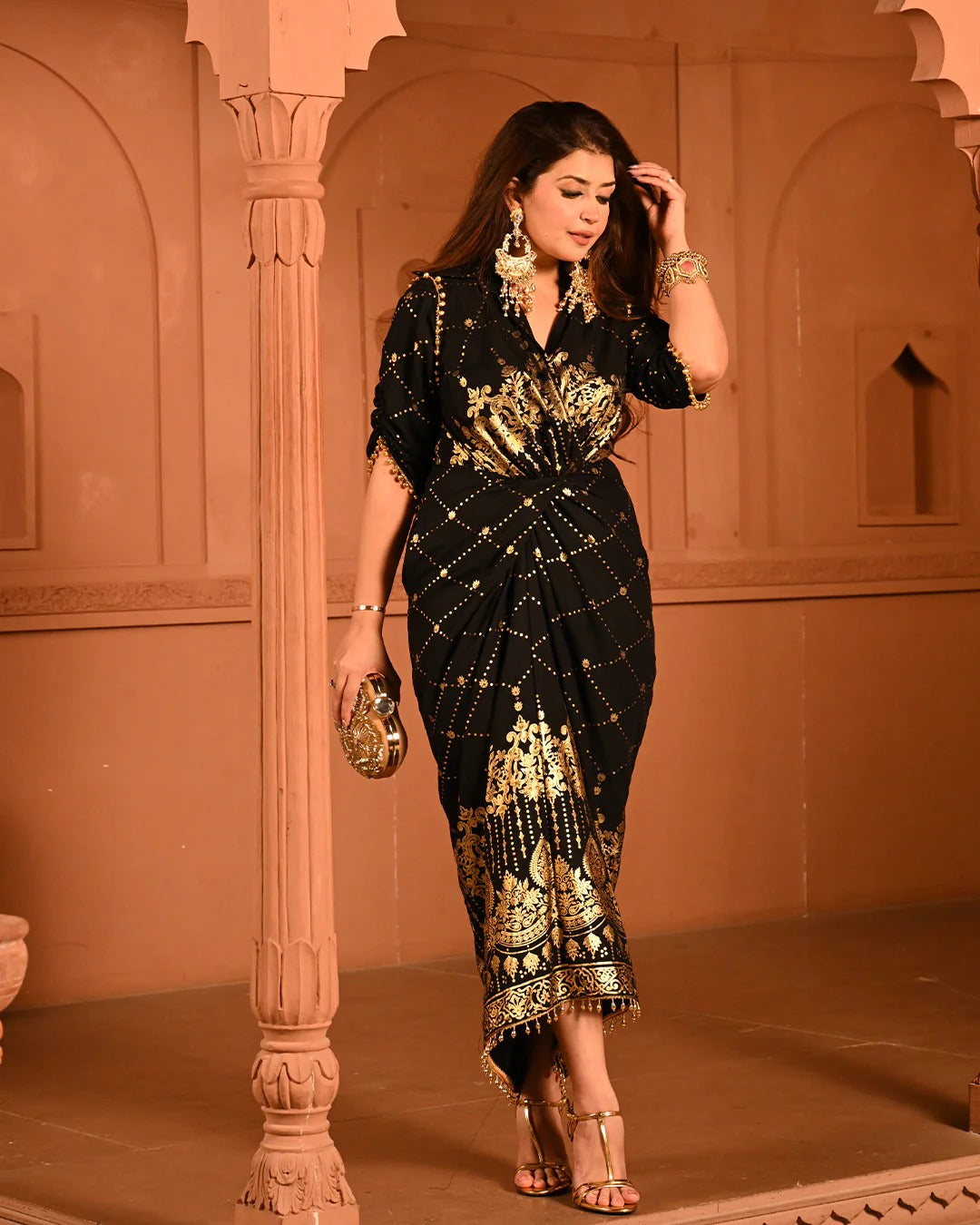 Cotton Rayon Black Ghunghroo Foil Shirtdress