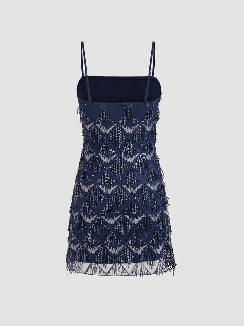 Black Sequin Geometric Tassel Mini Dress