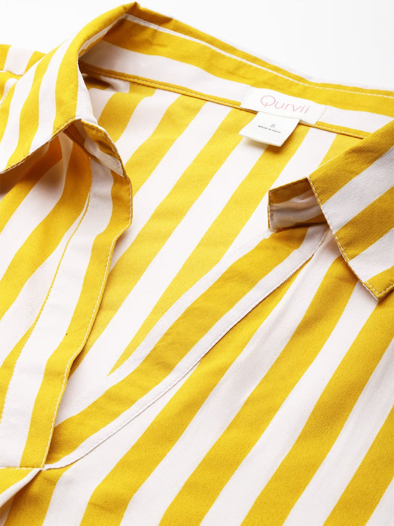 Striped Crepe Drop-Shoulder Collar Top/Shirt
