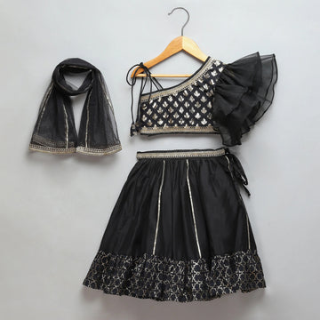 Black Organza Chanderi Off Shoulder Lehenga