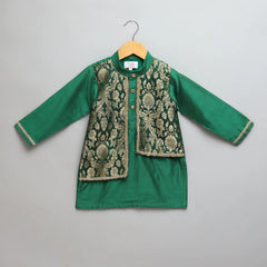 Green Cotton Silk Kurta Pyjama Brocade Jacket