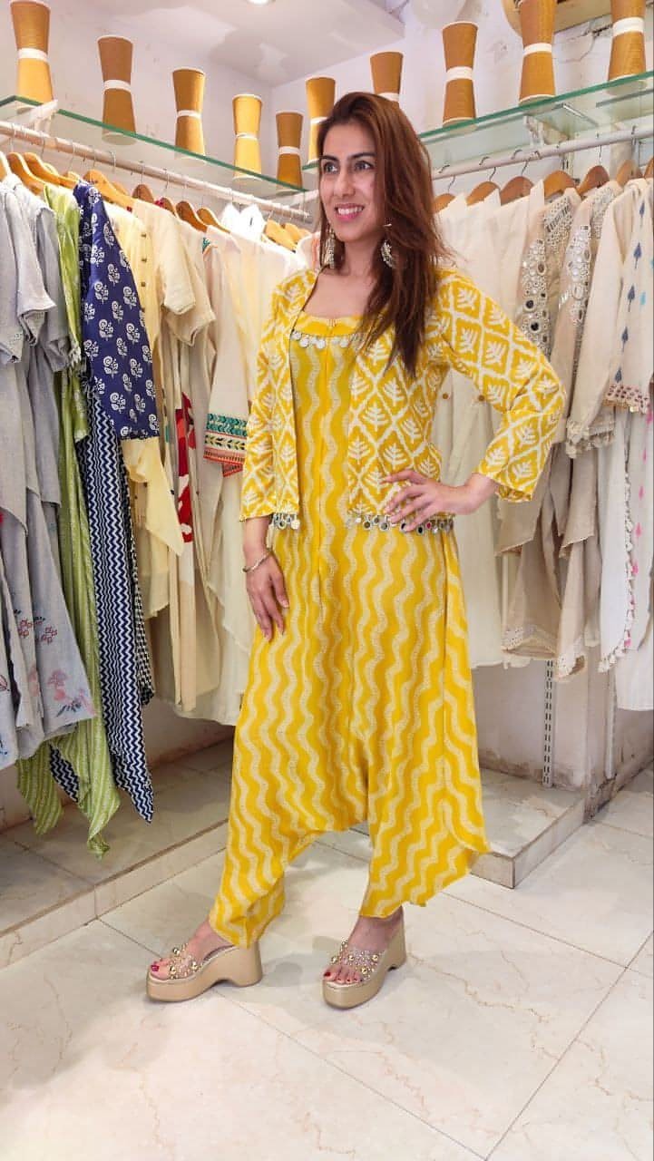 Natural Crepe Shell Yellow Dhoti Set