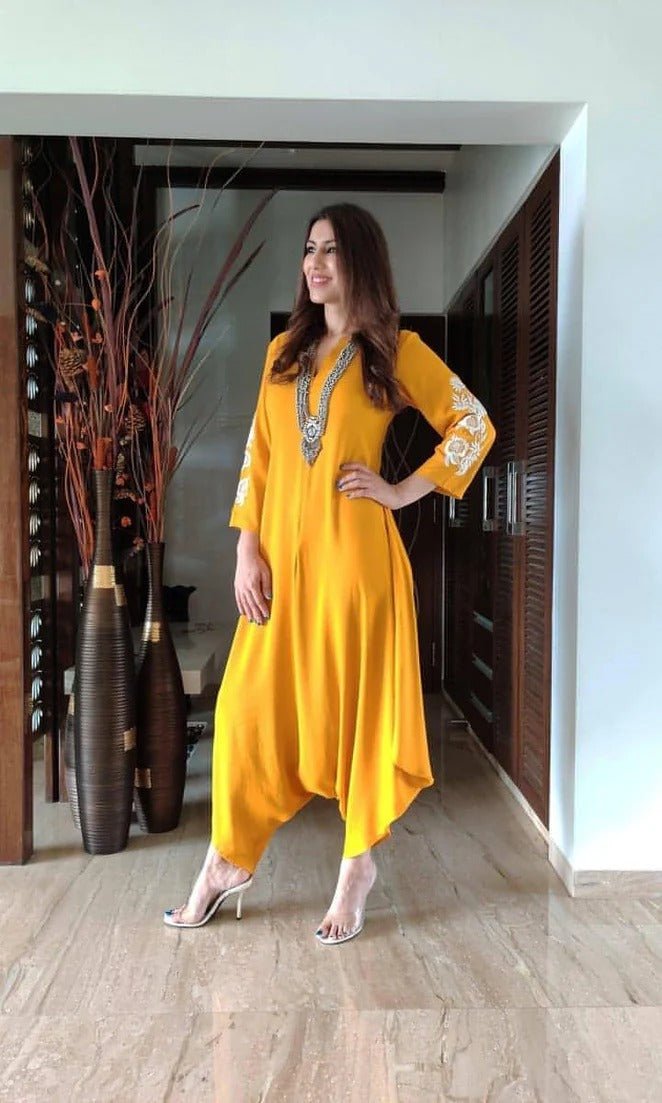 Liva Cotton Mustard Embroidered Jumpsuit