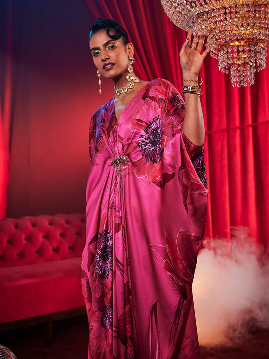 Satin Fuchsia Poppy Print Kaftan Dress