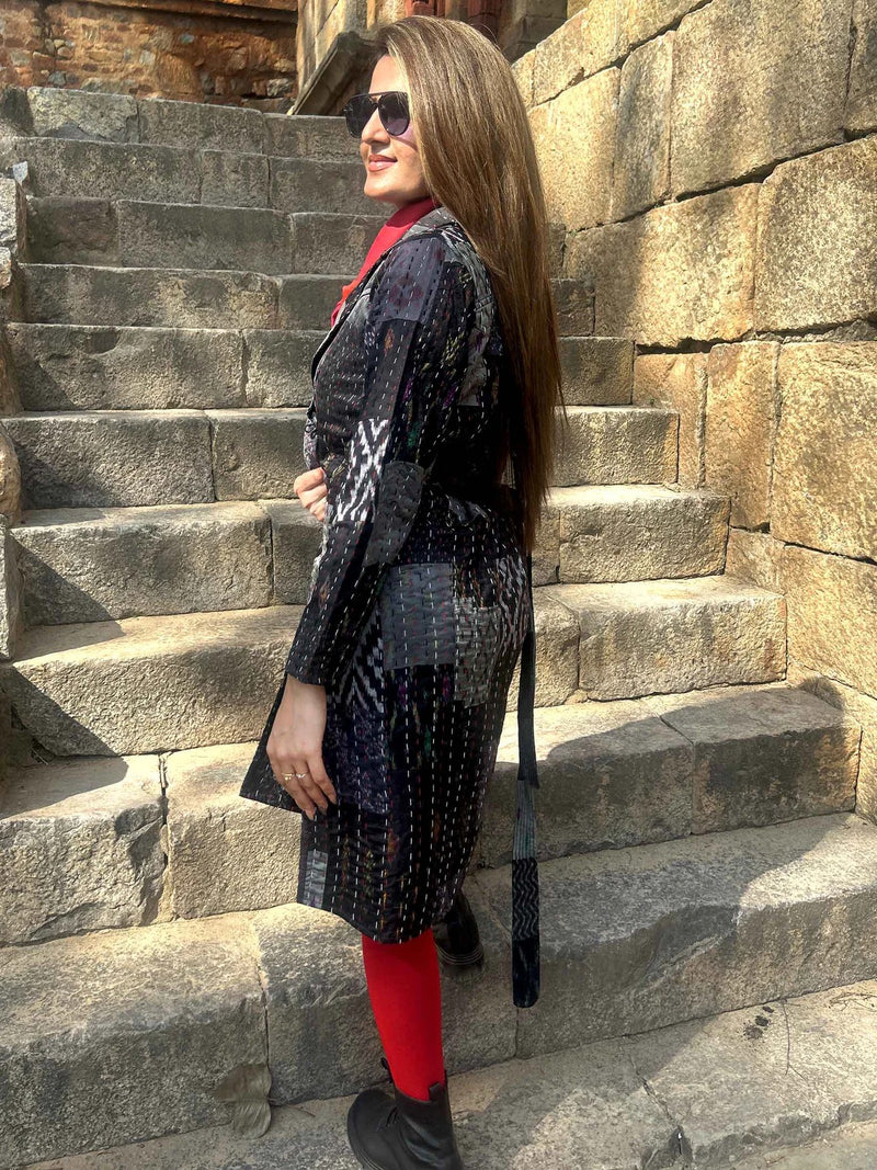 Patola Silk Kantha Patchwork Trench Coat