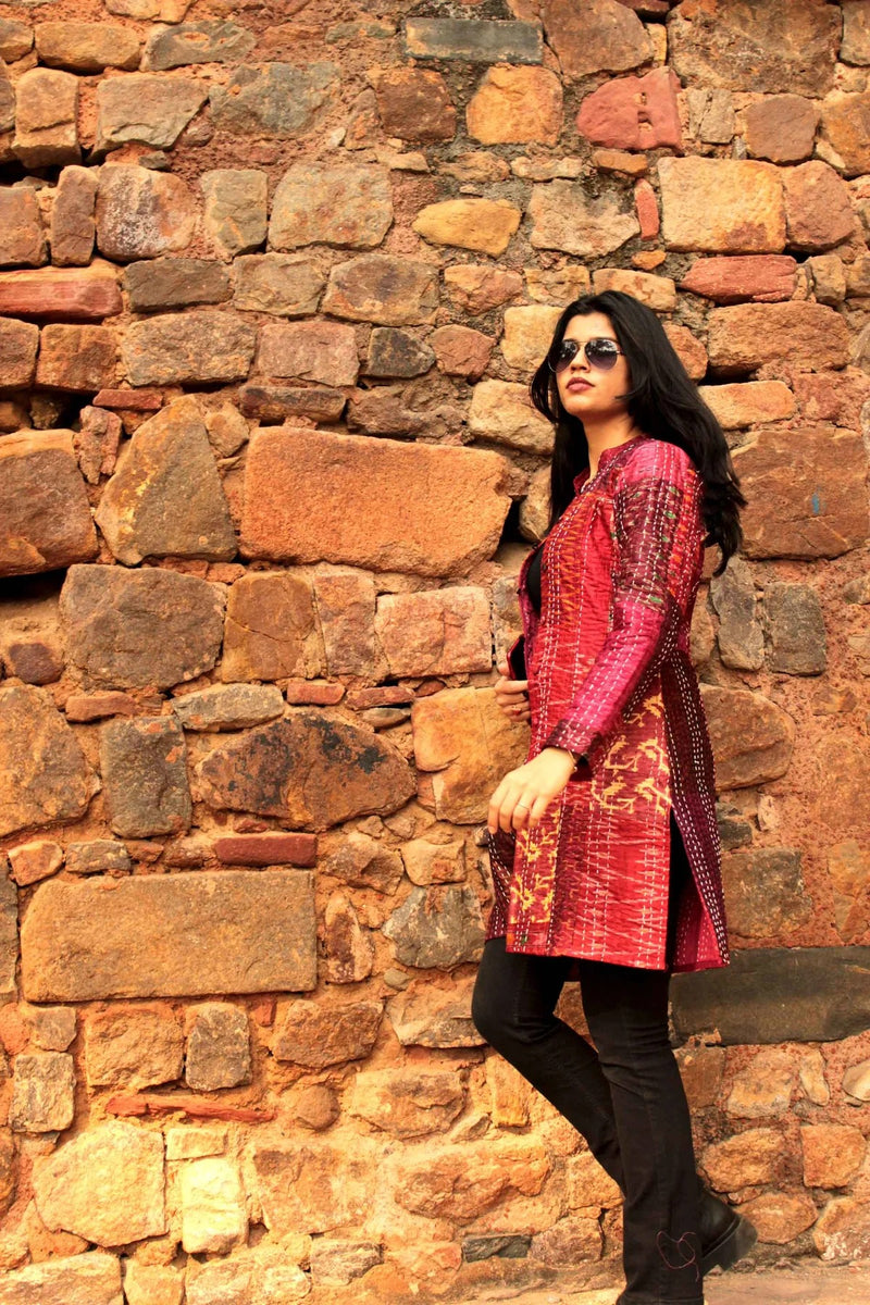 Patola Silk Kantha Patchwork Long Jacket
