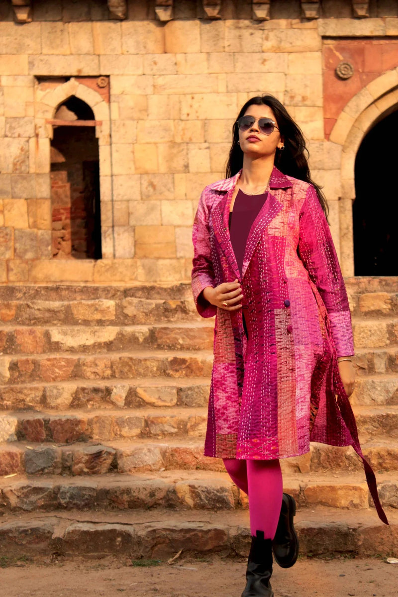 Patola Silk Kantha Patchwork Trench Coat