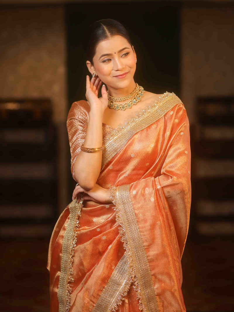 Handwoven Tissue Peach Saree with Zari Buti & Lace