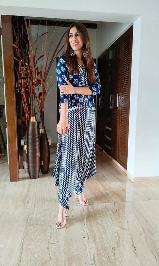 Muslin Silk Navy Blue Jumpsuit Set