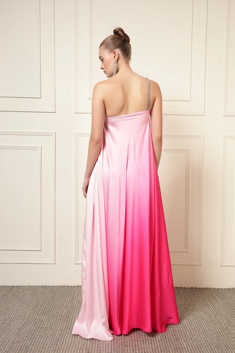 Pink Satin One-Shoulder Diamond Maxi