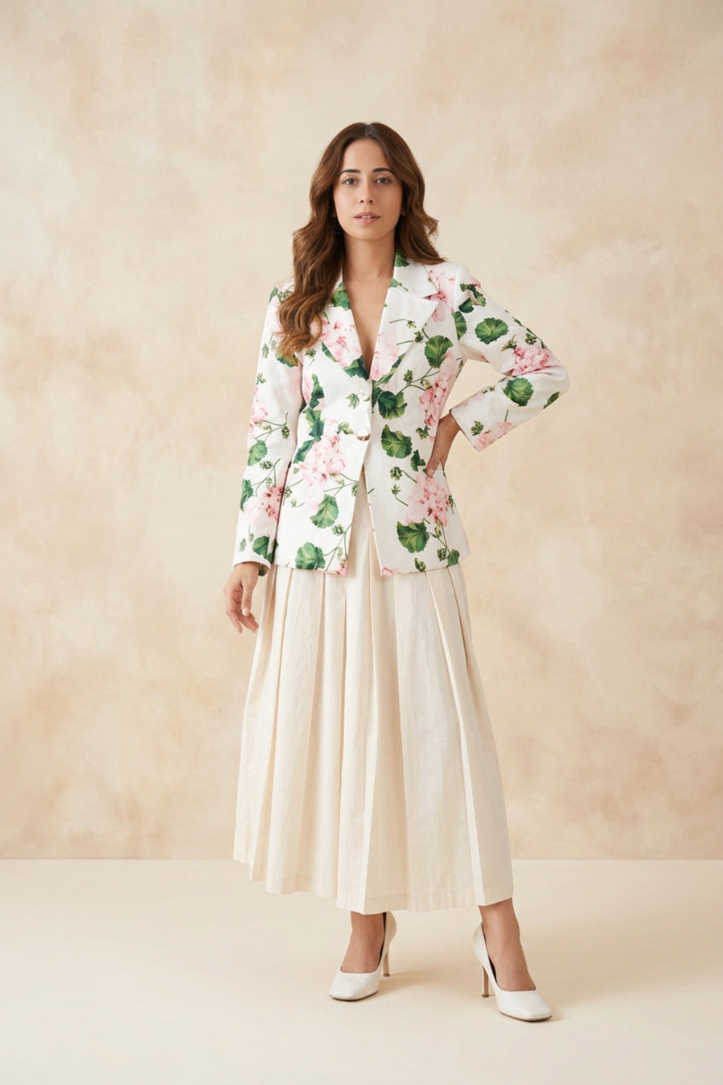Floral Cotton Satin Full-Sleeve Blazer