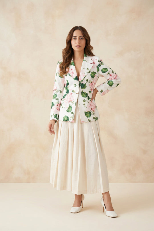 Floral Cotton Satin Full-Sleeve Blazer