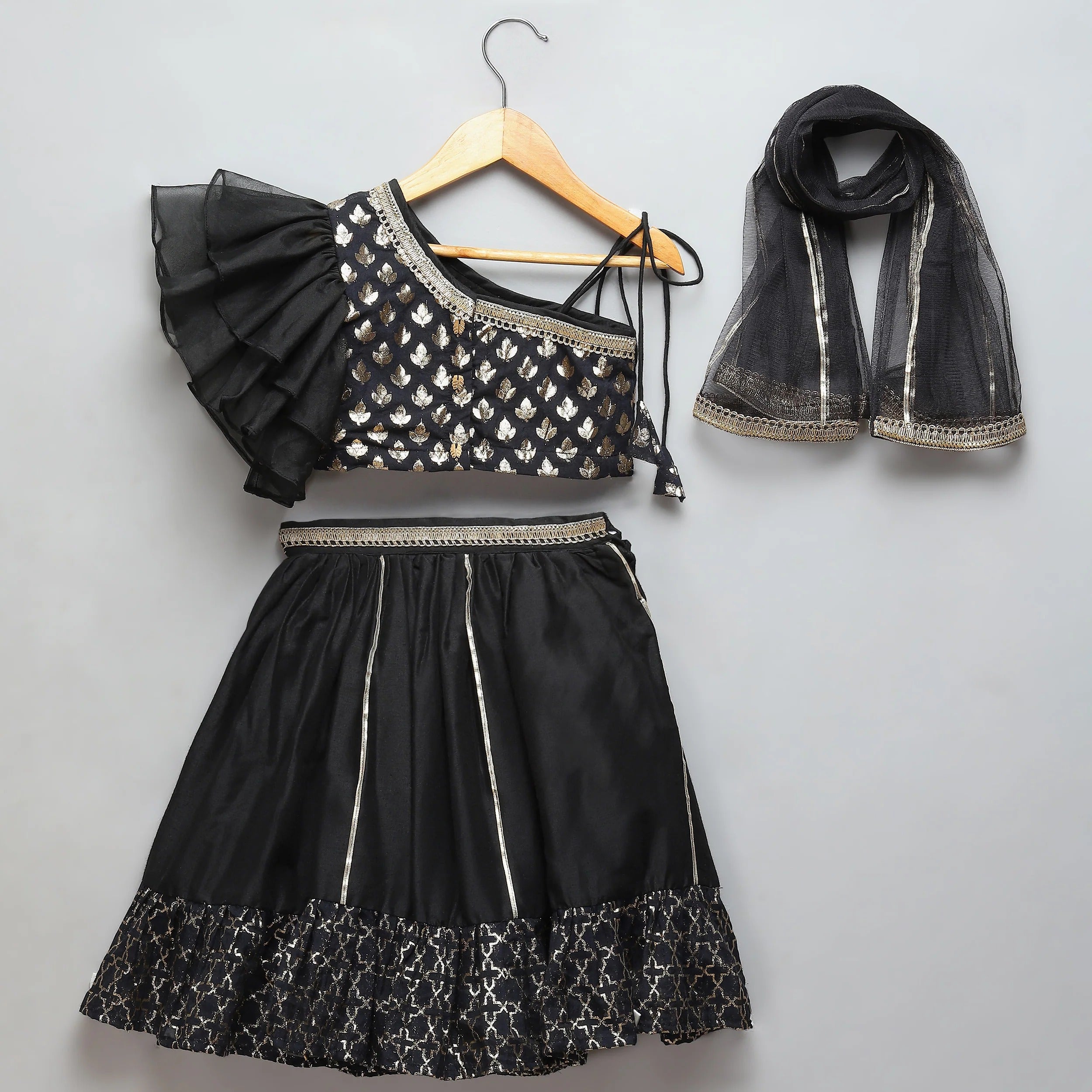 Black Organza Chanderi Off Shoulder Lehenga