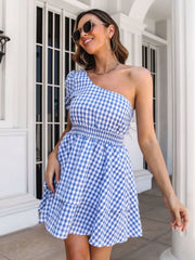 Blue Checked One-Shoulder Short Dress