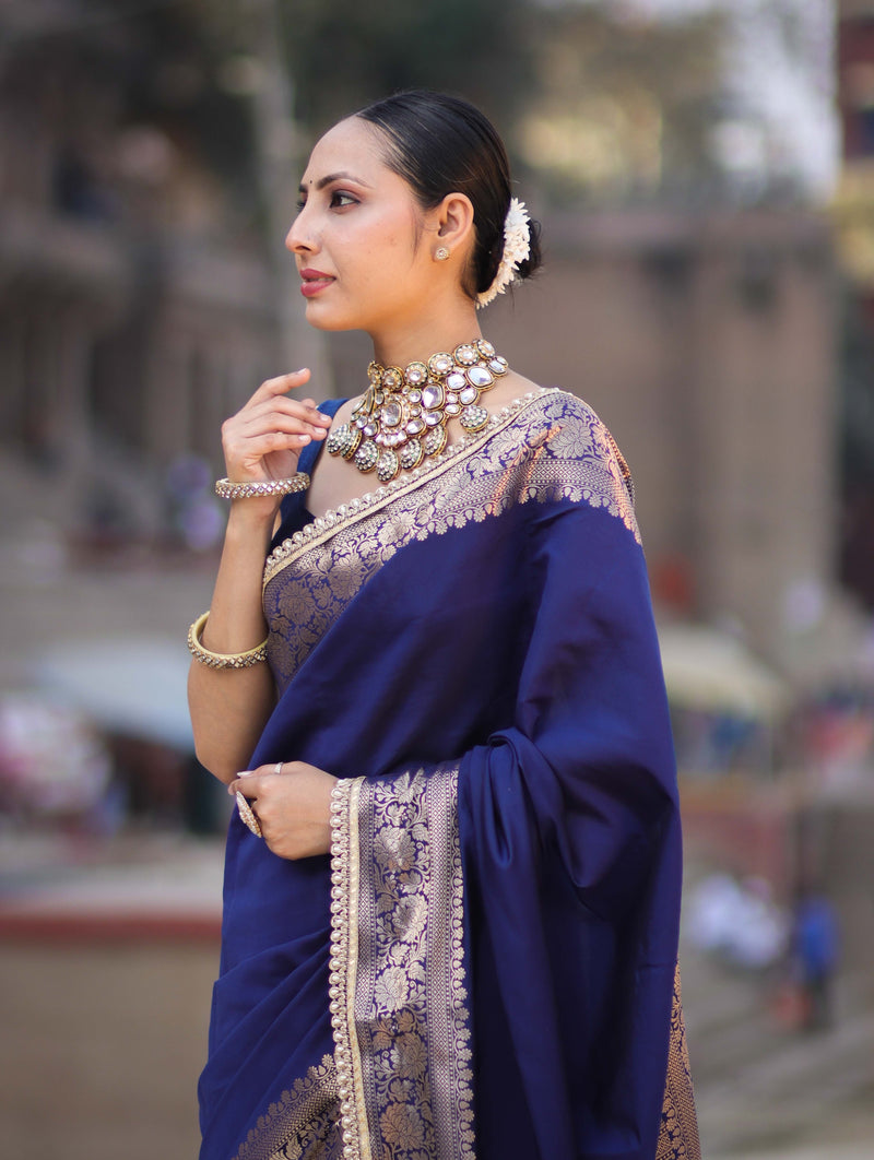 Vastra Veda Banarasi Semi-Silk Saree with Zari Border & Stitched Blouse