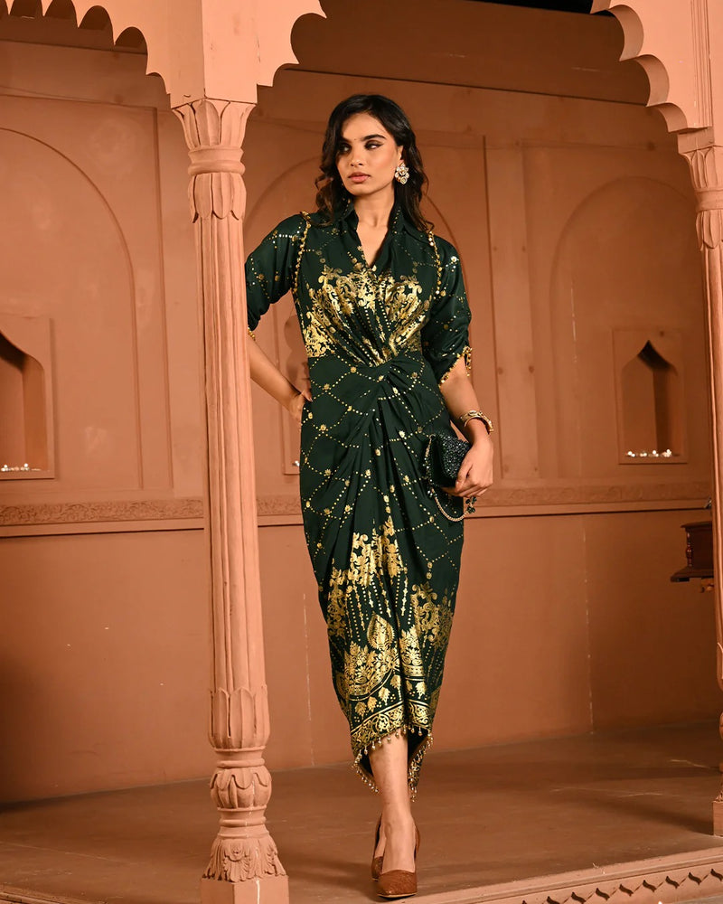 Cotton Rayon Green Ghunghroo Foil Shirtdress