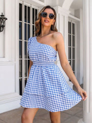 Blue Checked One-Shoulder Short Dress