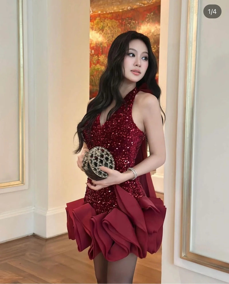 Cherry Sequin Halter Neck Waves Dress