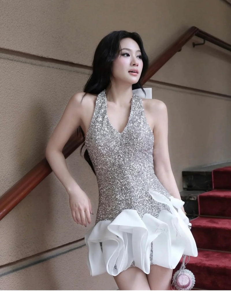 Cherry Sequin Halter Neck Waves Dress