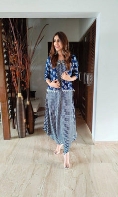 Muslin Silk Navy Blue Jumpsuit Set