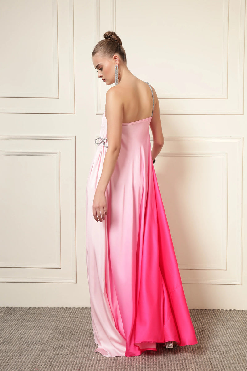 Pink Satin One-Shoulder Diamond Maxi