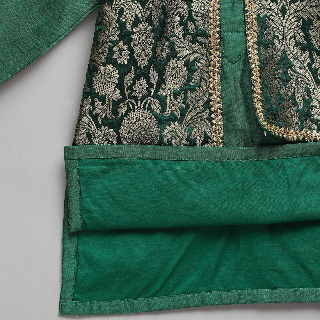 Green Cotton Silk Kurta Pyjama Brocade Jacket