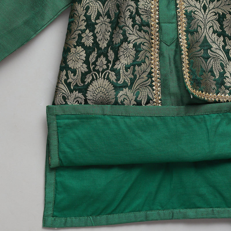 Green Cotton Silk Kurta Pyjama Brocade Jacket