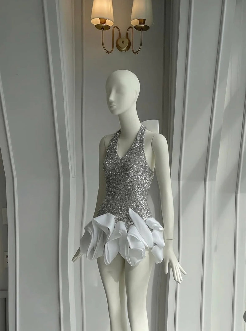 Cherry Sequin Halter Neck Waves Dress