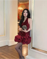 Cherry Sequin Halter Neck Waves Dress