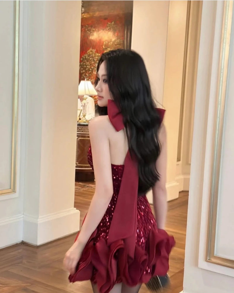 Cherry Sequin Halter Neck Waves Dress