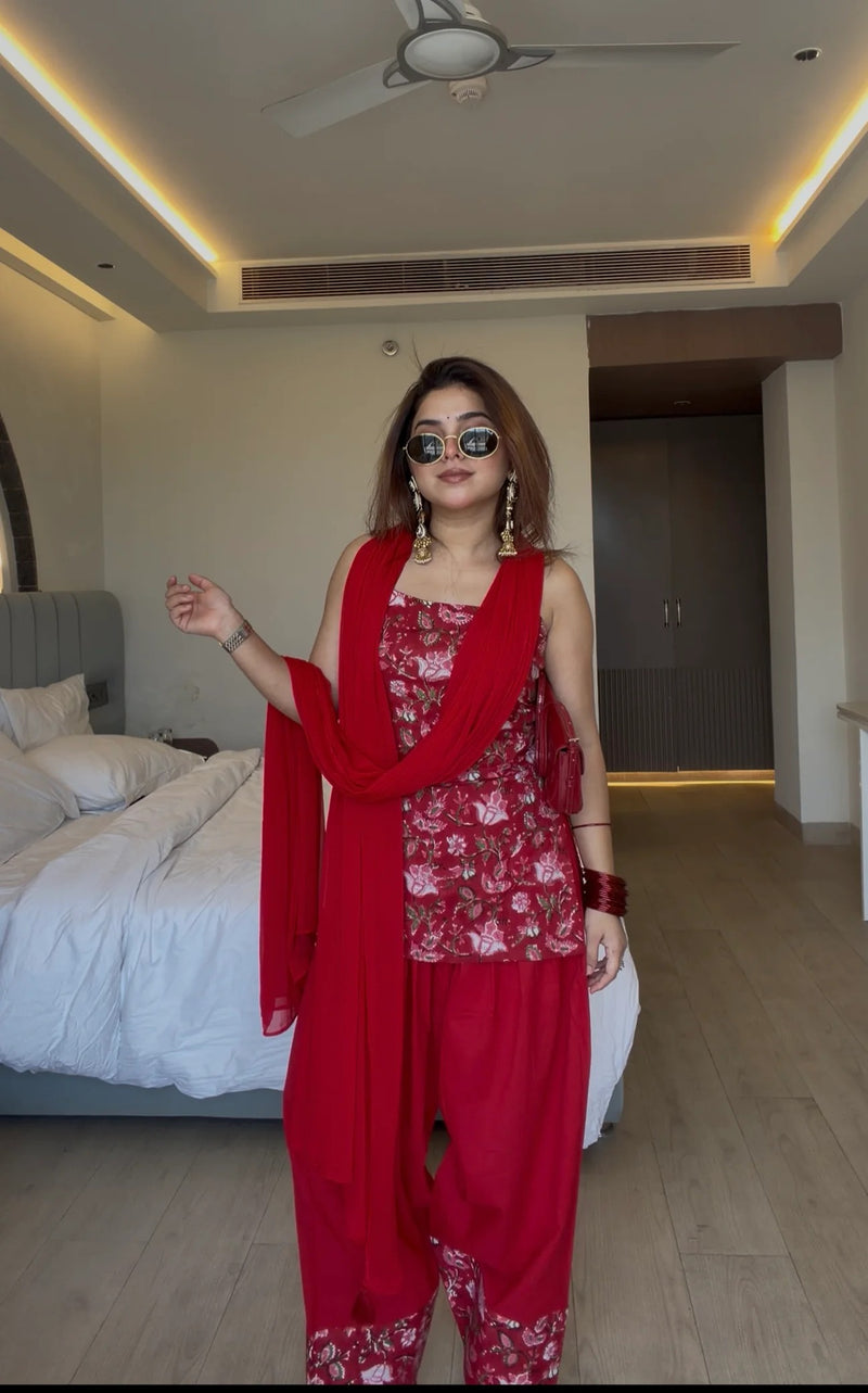 Crimson Bloom Farshi Set with Printed Dupatta