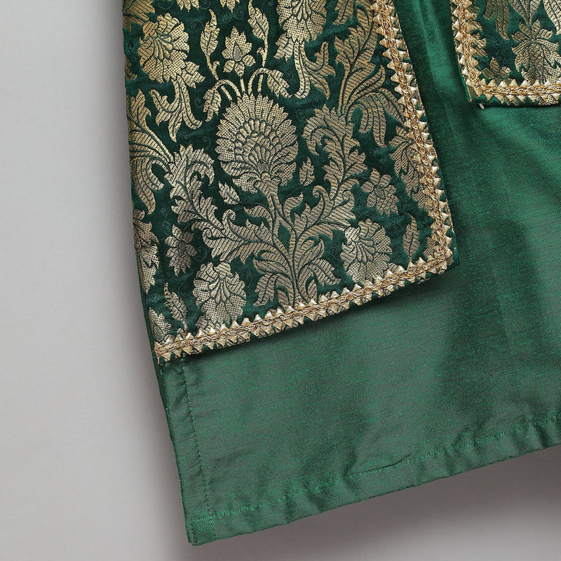 Green Cotton Silk Kurta Pyjama Brocade Jacket