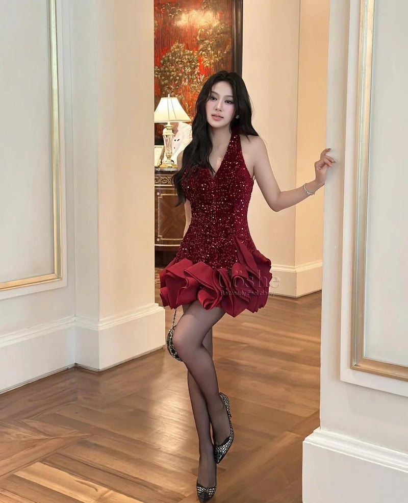 Cherry Sequin Halter Neck Waves Dress