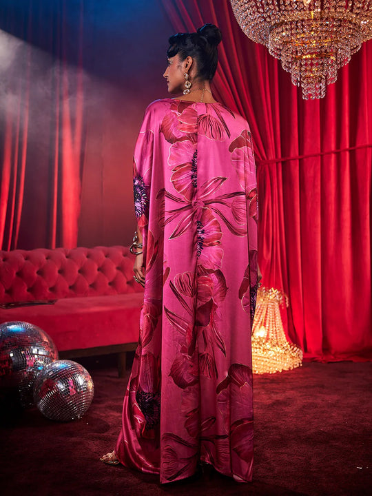 Satin Fuchsia Poppy Print Kaftan Dress