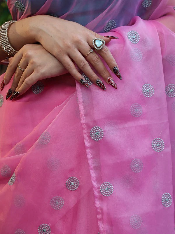 Vastra Veda Ivory Organza Banarasi Butti Saree with Red Embroidery with a Stitched Blouse