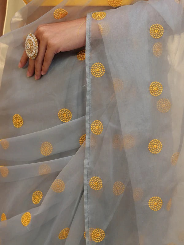 Vastra Veda Ivory Organza Banarasi Butti Saree with Red Embroidery with a Stitched Blouse