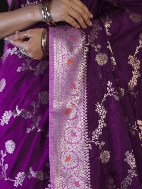 Royal Purple Banarasi Handloom Tissue Saree with Butti Design & Sthiched Blouse
