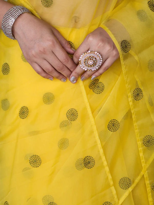Vastra Veda Ivory Organza Banarasi Butti Saree with Red Embroidery with a Stitched Blouse