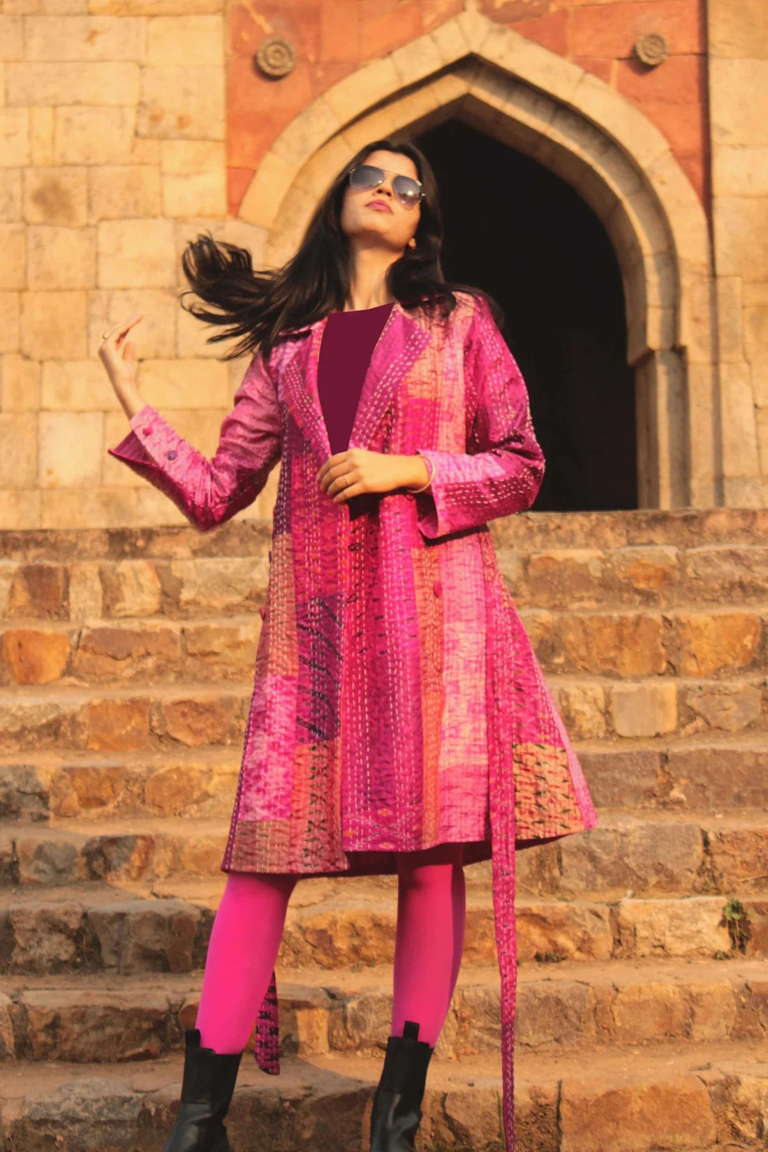 Patola Silk Kantha Patchwork Trench Coat