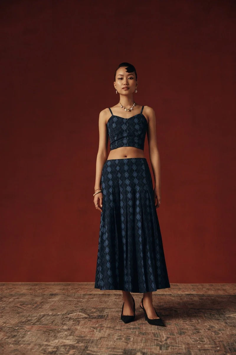 Deep Navy Cotton Linen Argyle Skirt