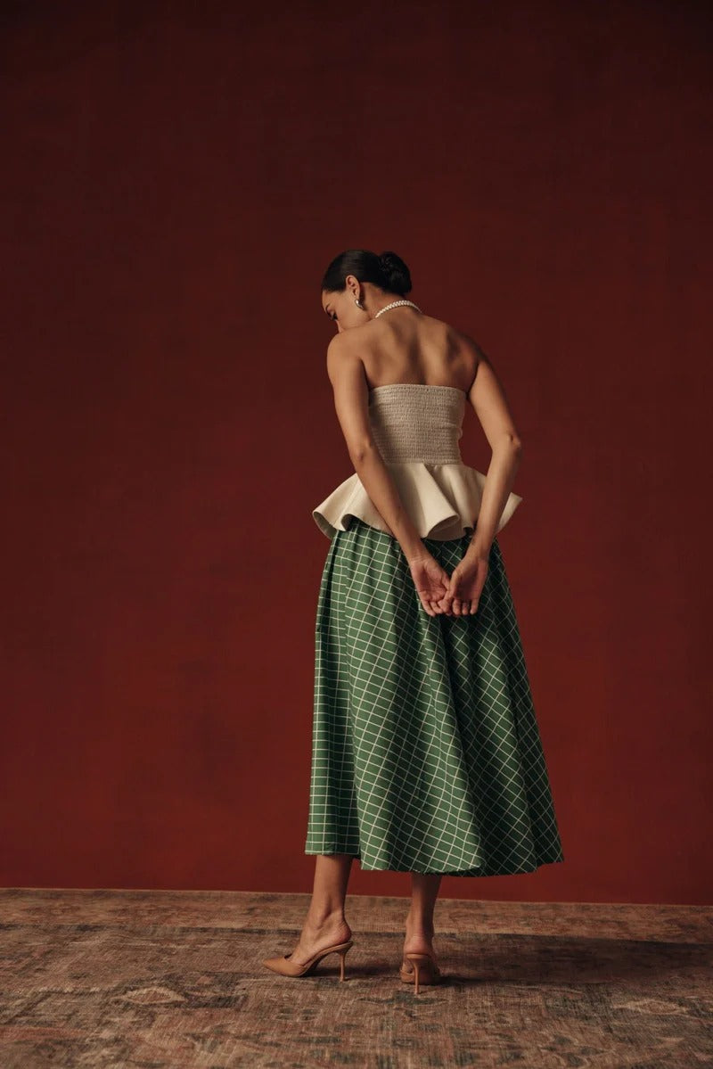 Green Cotton Poplin Grid Skirt